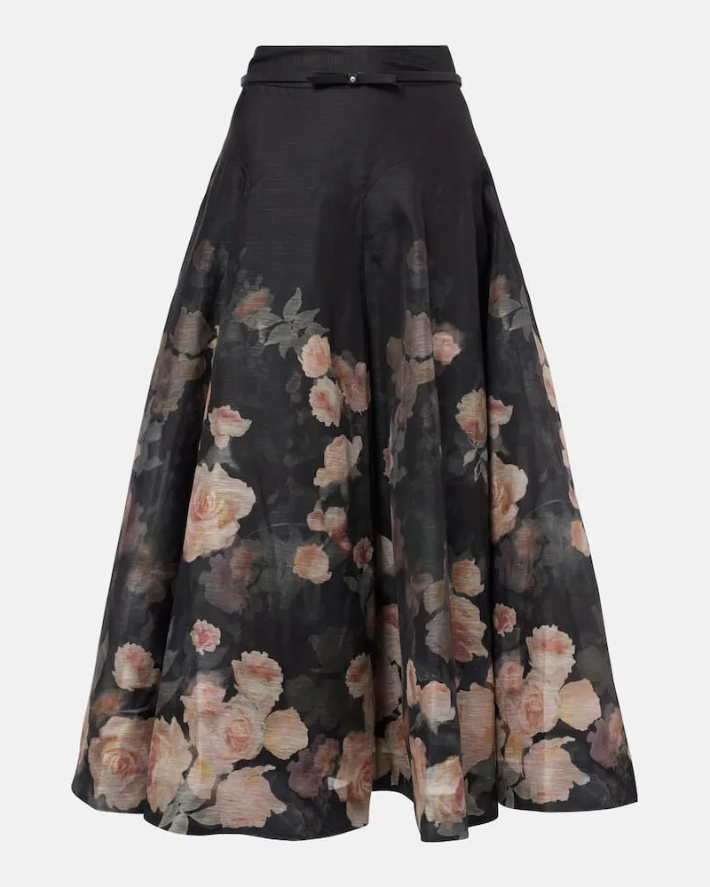Zimmermann Midirock Crush Flared aus Leinen und Seide Schwarz