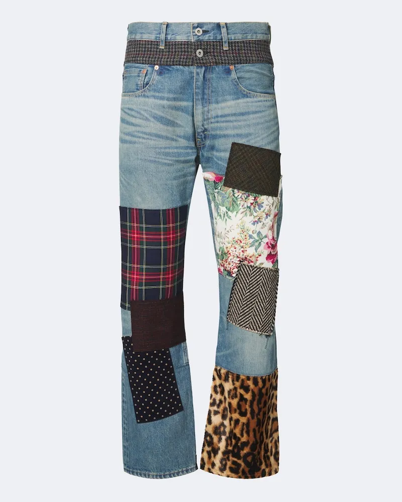 Junya Watanabe Straight Jeans Patchwork mit Leder Blau