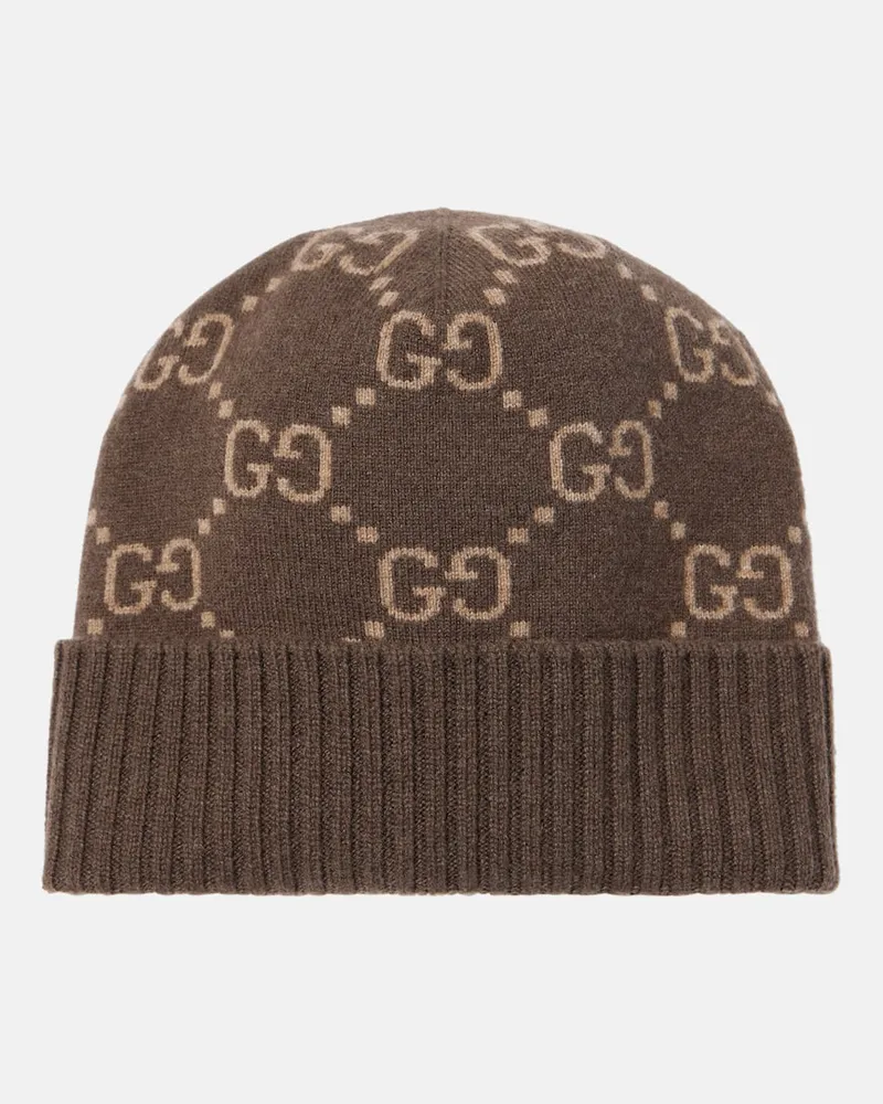 Gucci Mütze GG aus Kaschmir-Jacquard Braun