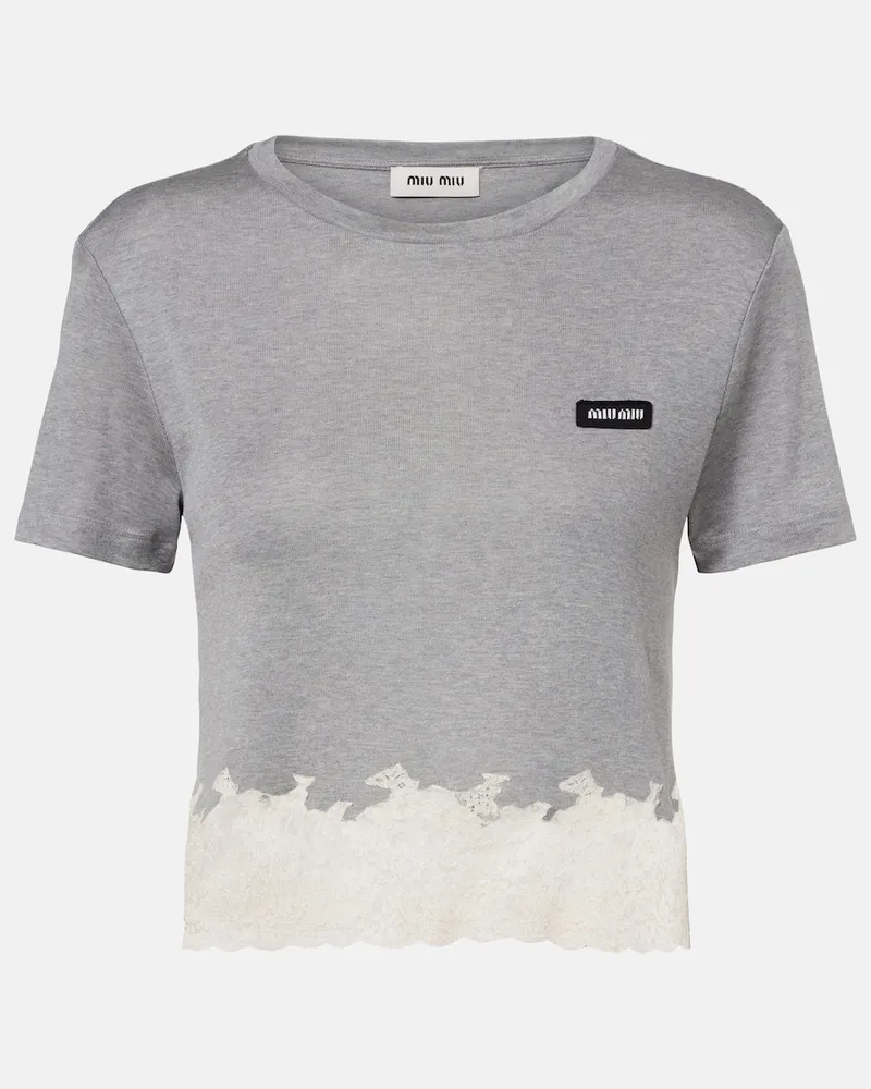 Miu Miu Cropped-Top aus Seiden-Jersey mit Spitze Grau