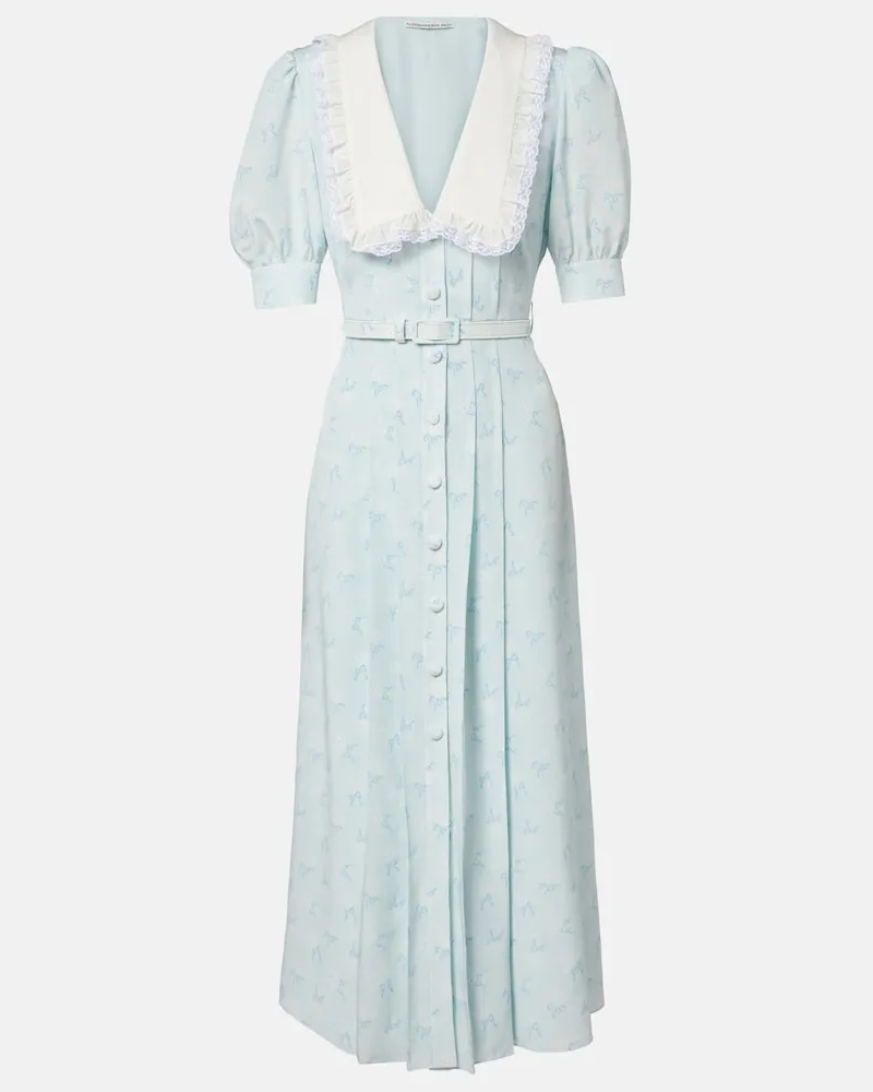 Alessandra Rich Midikleid aus Seide mit floralem Motiv Blau