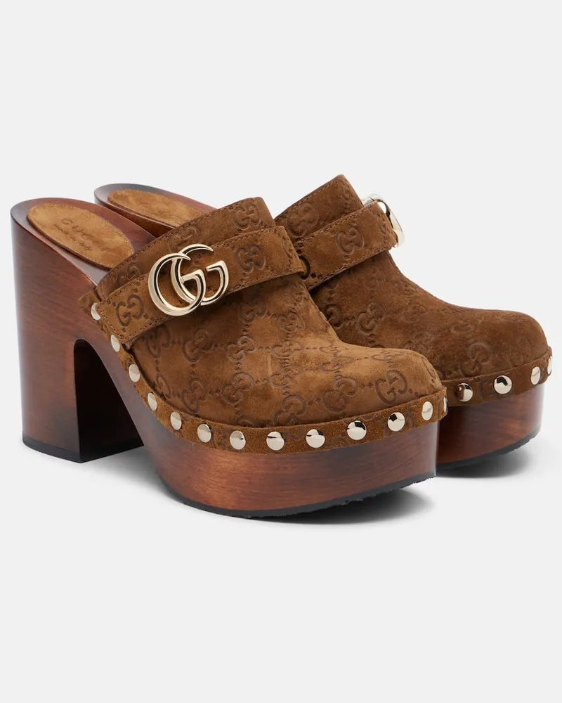 Gucci Clogs Double G aus Veloursleder Braun