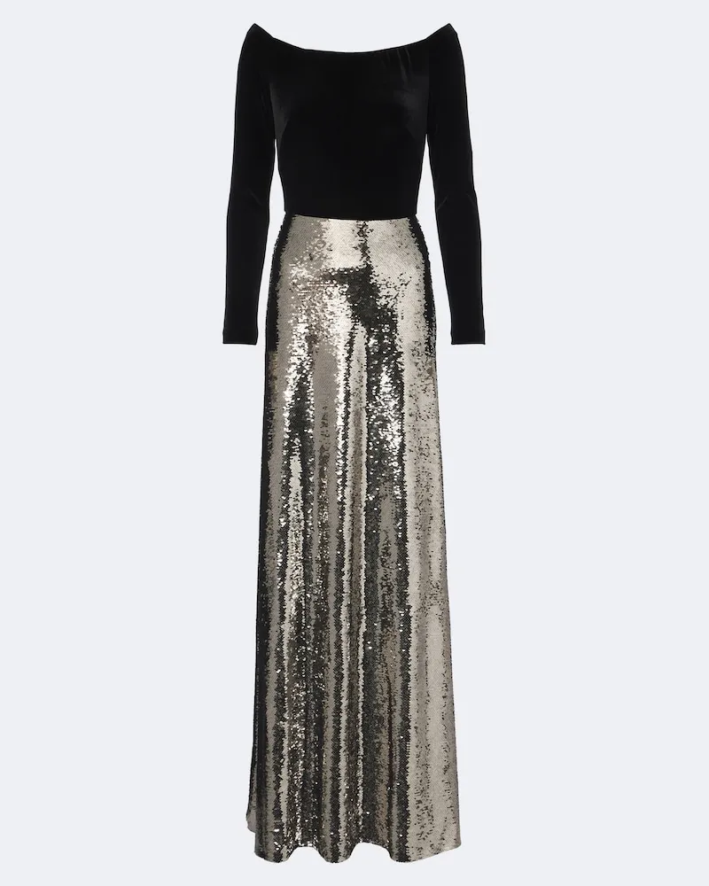Monique Lhuillier Off-Shoulder-Robe aus Samt mit Pailletten Schwarz
