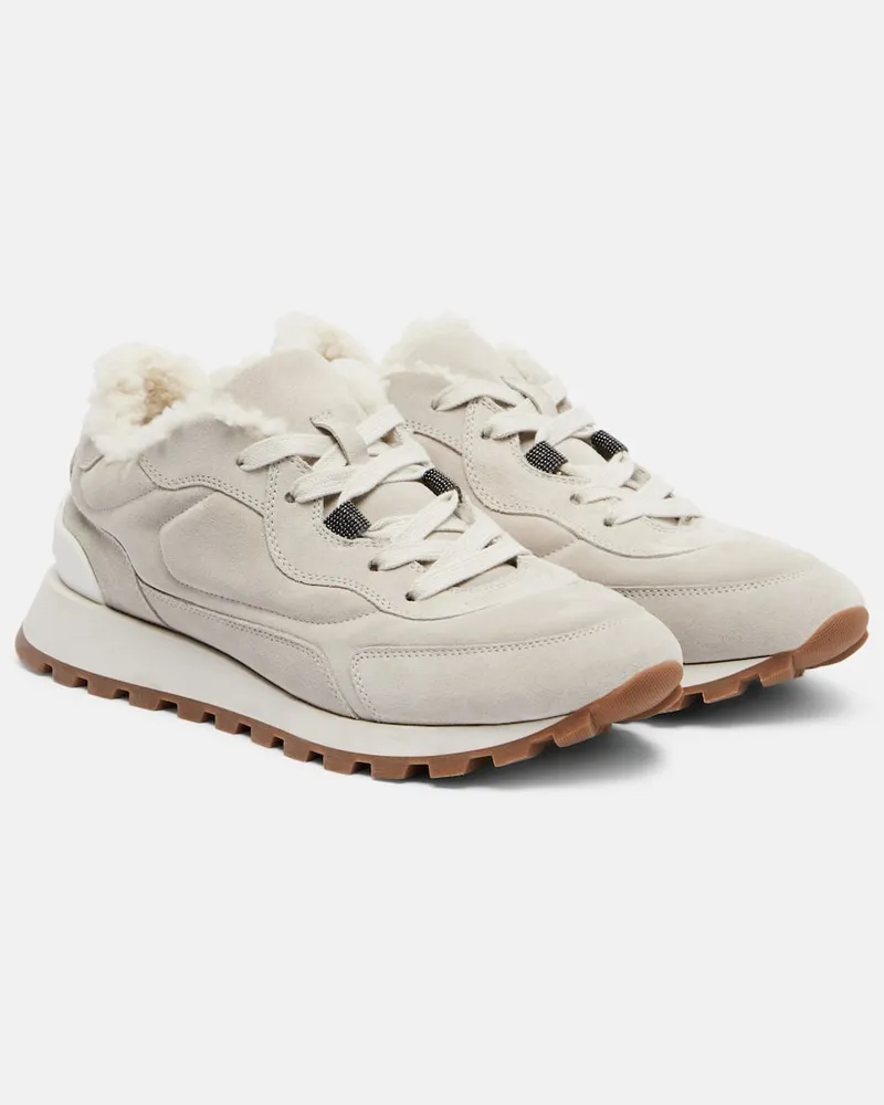 Brunello Cucinelli Sneakers aus Veloursleder mit Shearling Grau