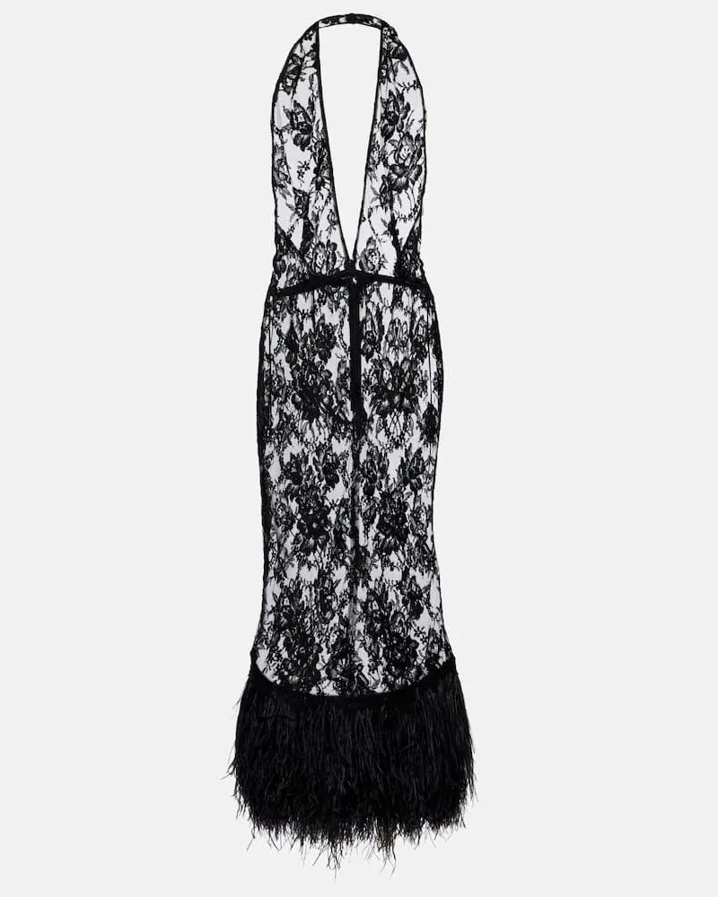 Dolce & Gabbana Midikleid aus Spitze mit Federn Schwarz