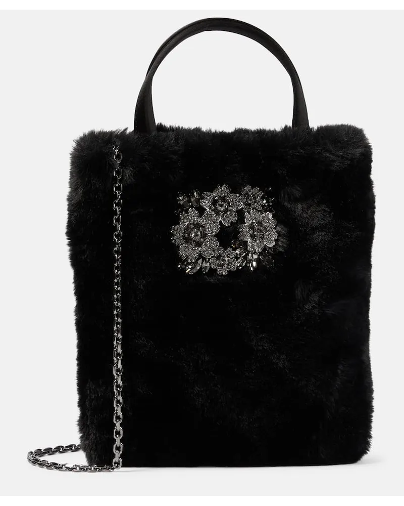 Roger Vivier Verzierte Tote Drape Pocket Bouquet Mini aus Faux Fur Schwarz