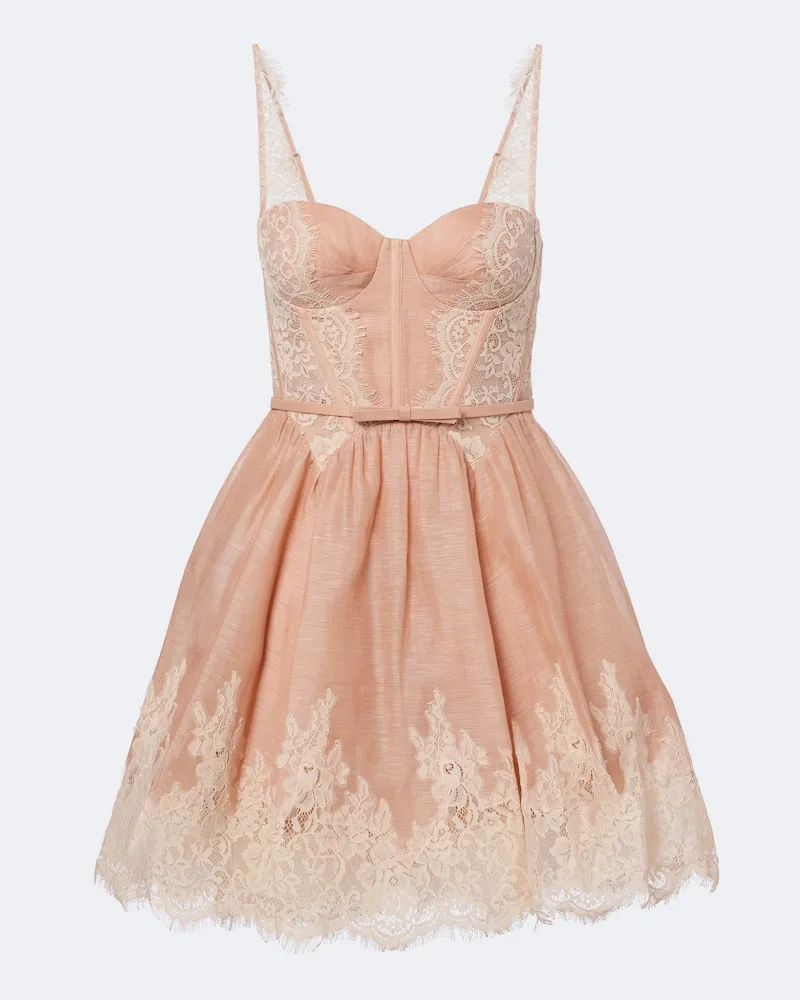 Zimmermann Minikleid Valiant aus Leinen und Seide mit Spitze Rosa