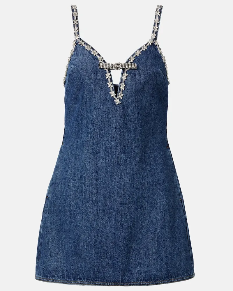 Self-Portrait Minikleid aus Denim mit Kristallen Blau