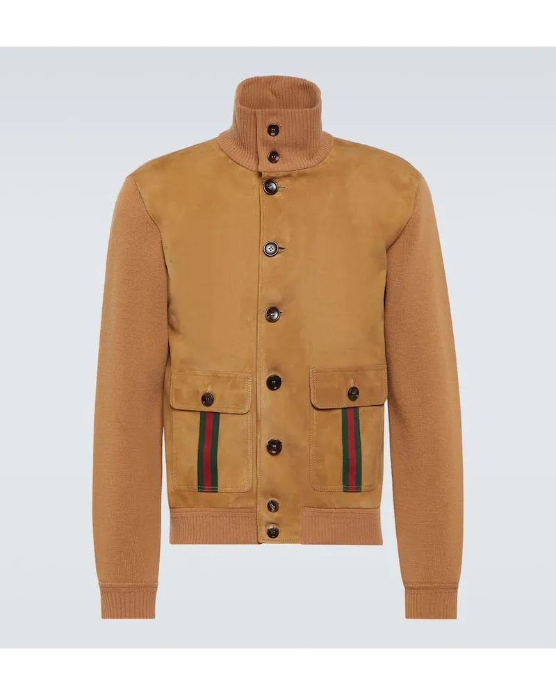 Gucci Bomberjacke Web Stripe aus Veloursleder Braun