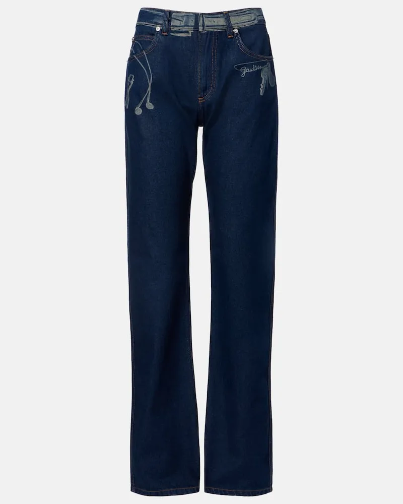 Jean Paul Gaultier Bedruckte Mid-Rise Wide-Leg Jeans Blau