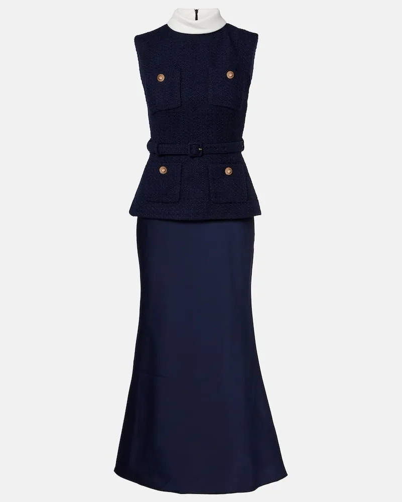 Self-Portrait Midikleid aus Bouclé und Satin Blau