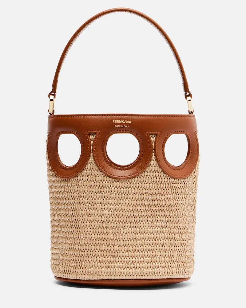 Ferragamo Bucket-Bag Gancini Small aus Raffiabast Braun