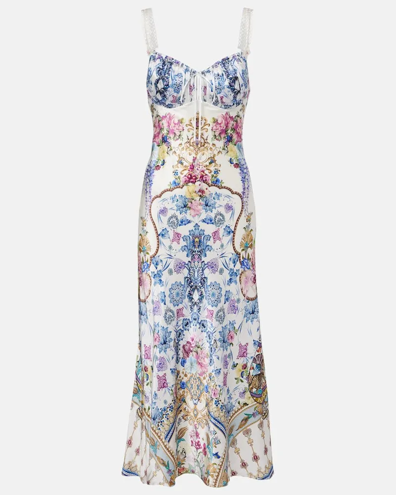 Camilla Verziertes Midikleid aus Seidensatin Weiß