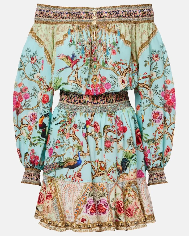 Camilla Verziertes Minikleid aus Seiden-Crêpe Blau