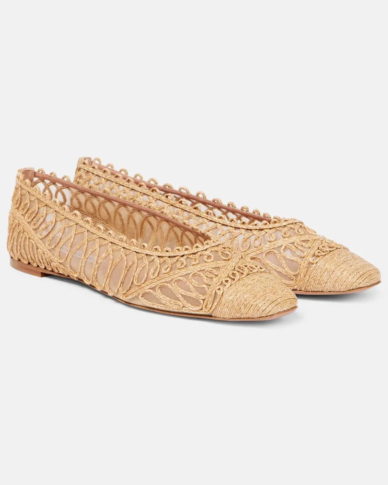 Aquazzura Ballerinas Kahlo mit Raffiabast und Mesh Beige
