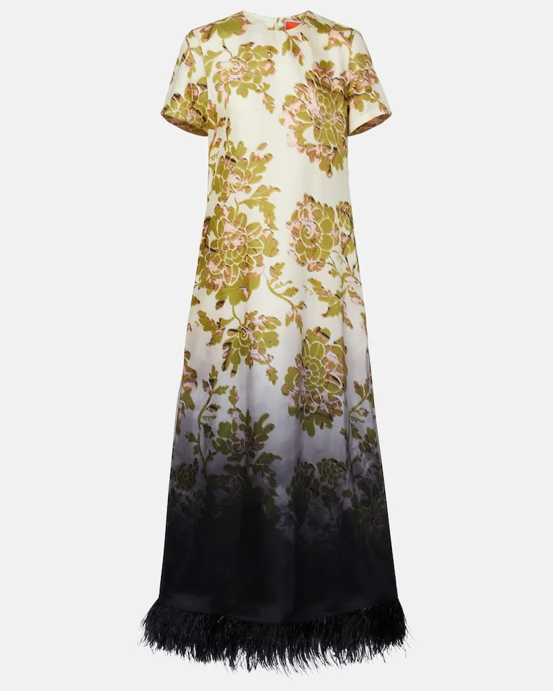 La DoubleJ Maxikleid Swing aus Seiden-Twill mit Federn Multicolor