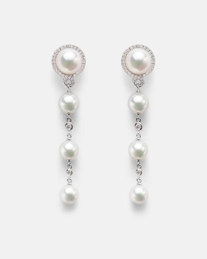 Mikimoto Ohrringe aus 18kt Weißgold mit Diamanten und Akoyaperlen Silber