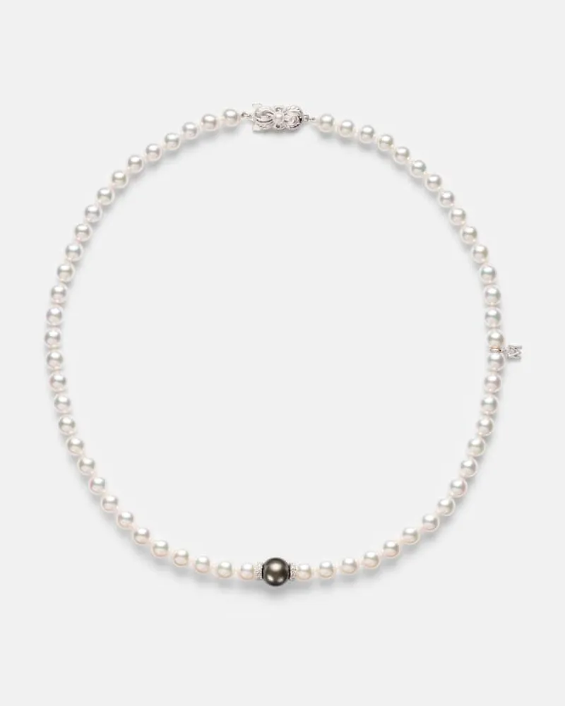 Mikimoto Halskette aus Akoyaperlen mit 18kt Weißgold, Diamanten und Südseeperle Silber