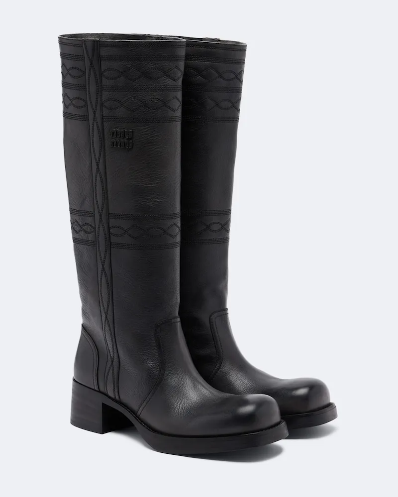 Miu Miu Bestickte kniehohe Stiefel aus Leder Schwarz