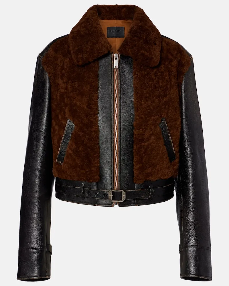Prada Lederjacke mit Shearling Braun