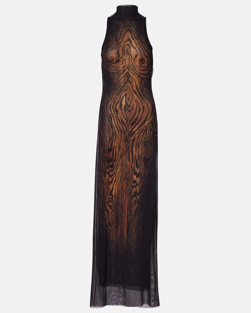 Jean Paul Gaultier Bedrucktes Maxikleid Wood aus Mesh Braun