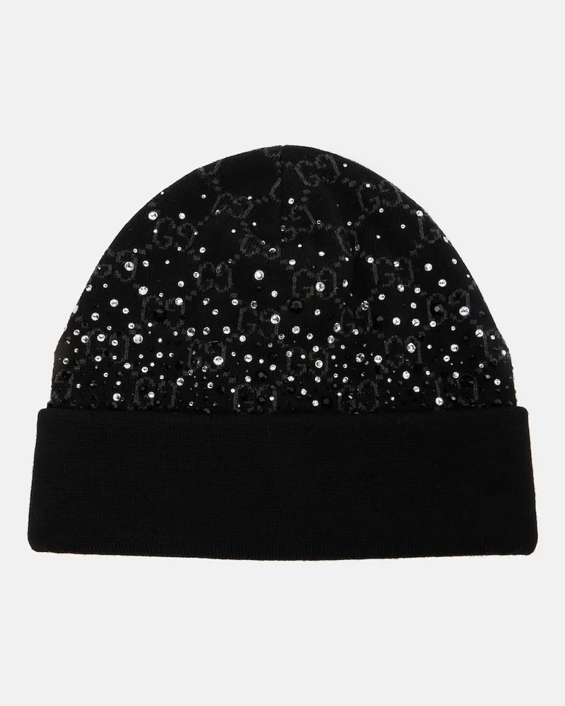 Gucci Mütze GG aus Wolle mit Kristallen Schwarz