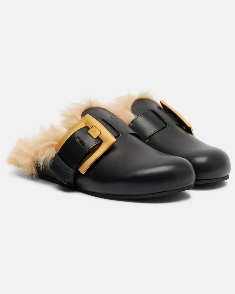 Balmain Slippers Anthem aus Leder und Faux Fur Schwarz