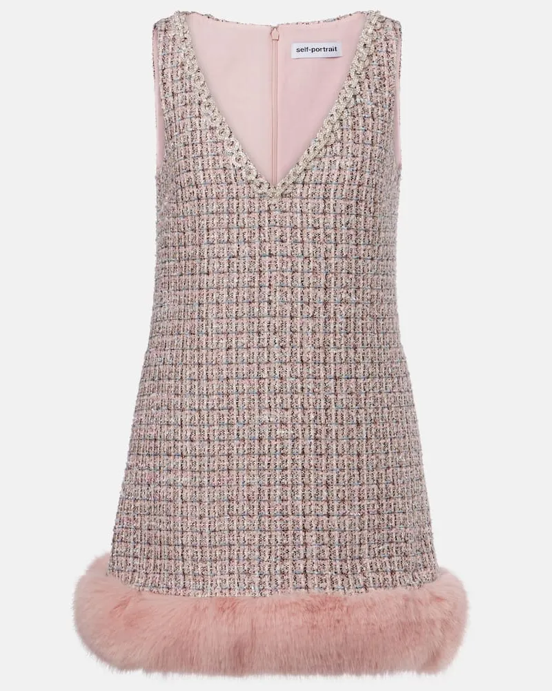 Self-Portrait Verziertes Minikleid mit Faux Fur Pink