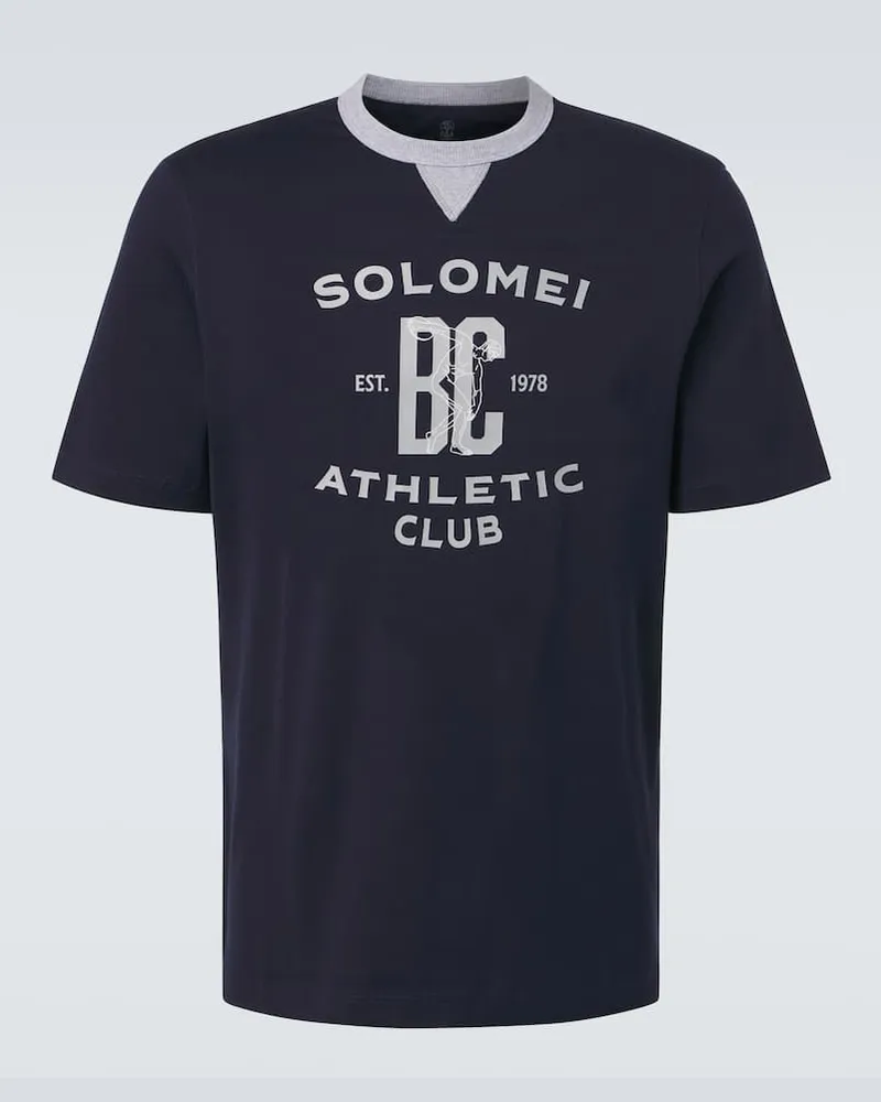 Brunello Cucinelli Bedrucktes T-Shirt aus Baumwolle Blau