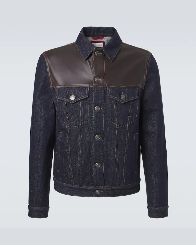 Brunello Cucinelli Jeansjacke mit Leder Blau