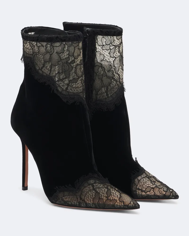 Aquazzura Ankle Boots Meadow aus Samt mit Spitze Schwarz