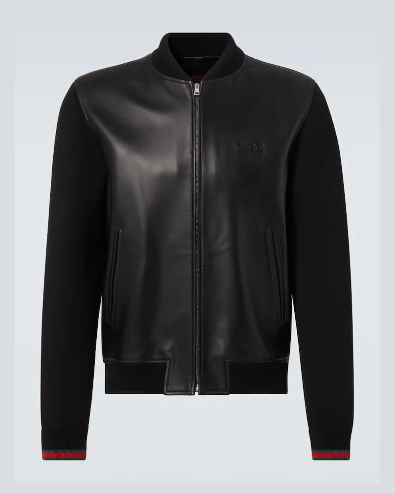 Gucci Bomberjacke Web Stripe aus Leder und Strick Schwarz