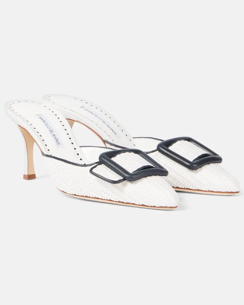 Manolo Blahnik Mules Maysale 70 aus Raffiabast mit Leder Weiß