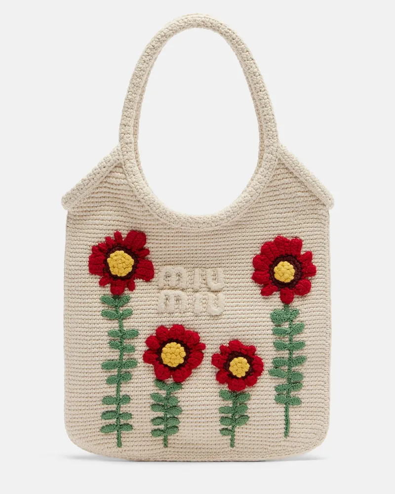 Miu Miu Bestickte Tote Bag Ivy aus Häkelstrick Beige