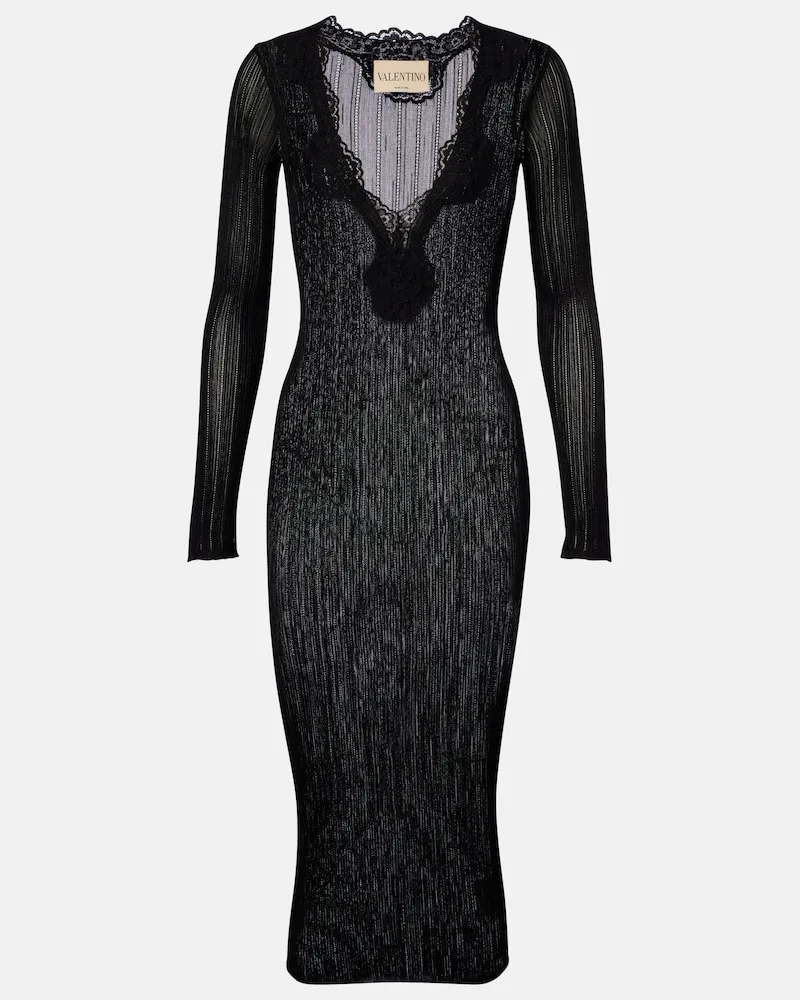 Valentino Garavani Midikleid aus Rippstrick mit Spitze Schwarz