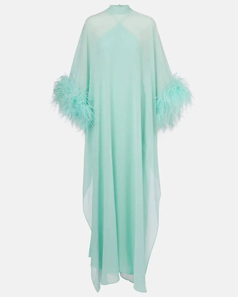 Taller Marmo Kaftan Penelope aus Seide mit Federn Blau
