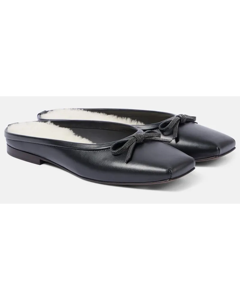 Brunello Cucinelli Slippers Monili aus Leder mit Shearling Schwarz