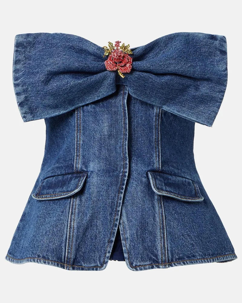 Self-Portrait Verziertes Top aus Denim Blau