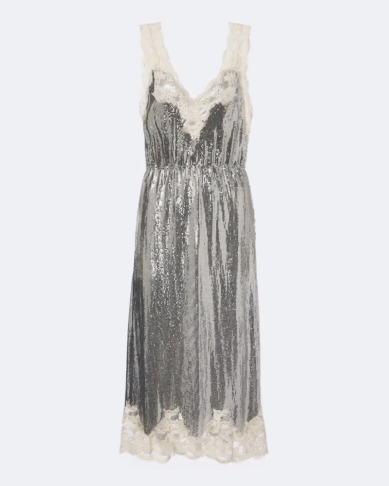 Paco Rabanne Midikleid aus Chainmail mit Spitze Silber