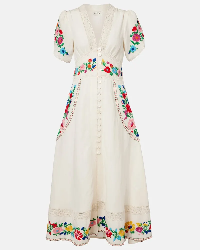 RIXO Besticktes Maxikleid Novara aus einem Leinengemisch Weiß