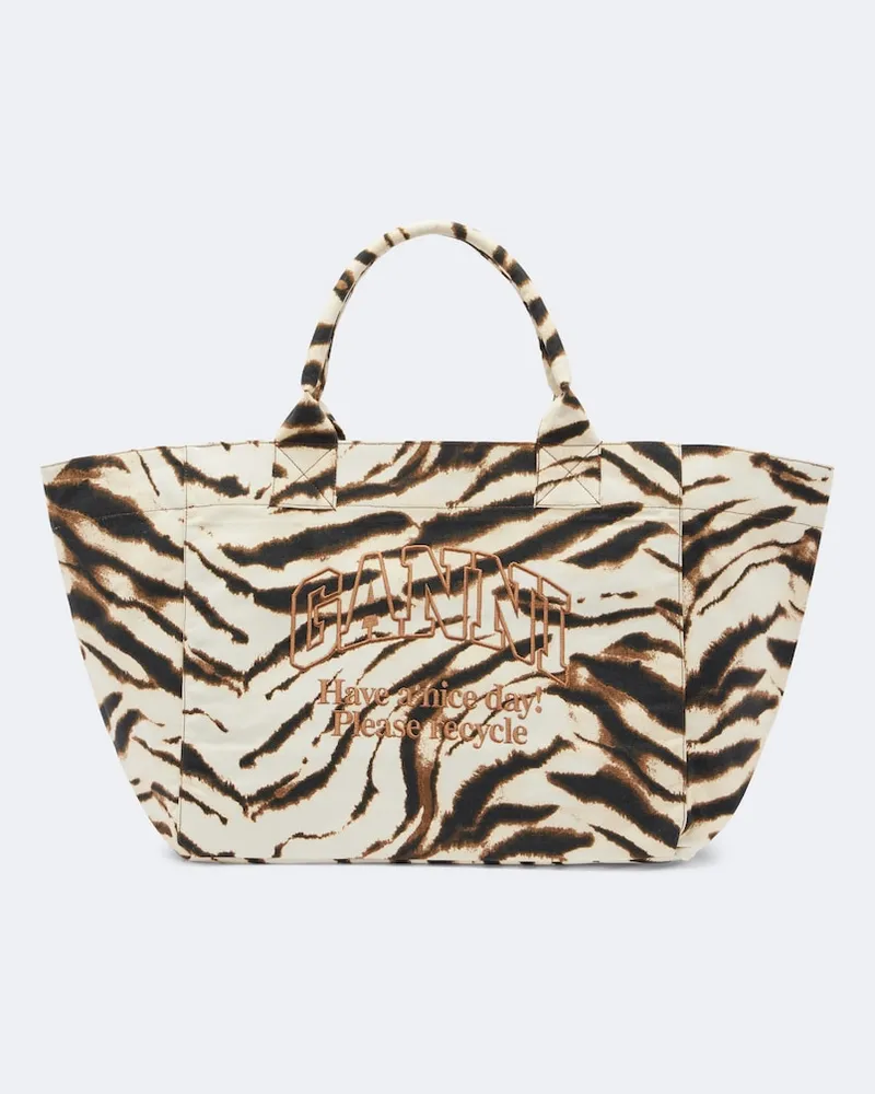 Ganni Tote Large aus Canvas mit Zebra-Print Multicolor