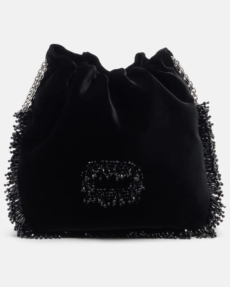 Roger Vivier Verzierte Bucket Bag Pilgrim Mini aus Samt Schwarz