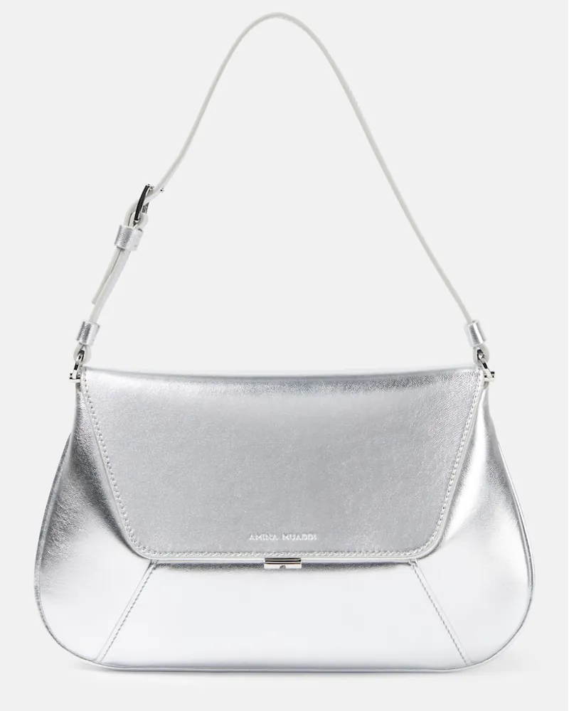 Amina Muaddi Schultertasche Ami aus Metallic-Leder Silber