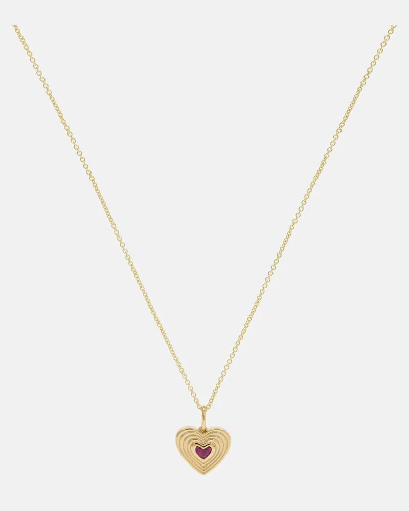 Sydney Evan Halskette Fluted Heart aus 14kt Gelbgold mit Rubin Gold
