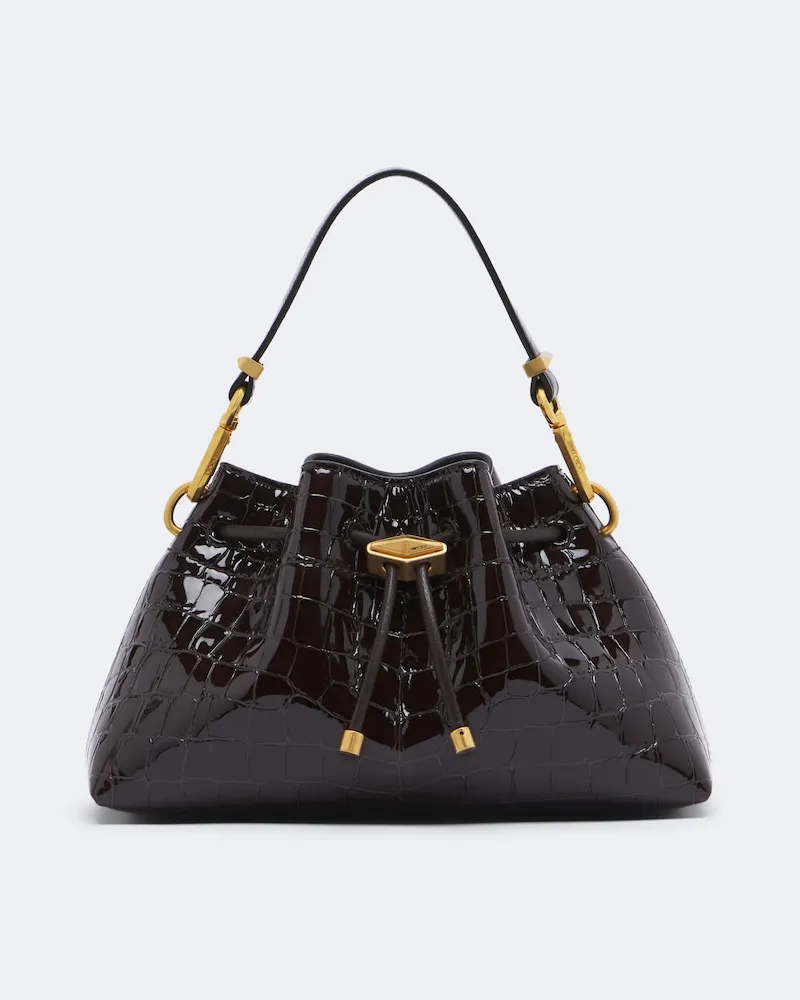 Jimmy Choo Bucket Bag Cinch Small aus Lackleder Braun