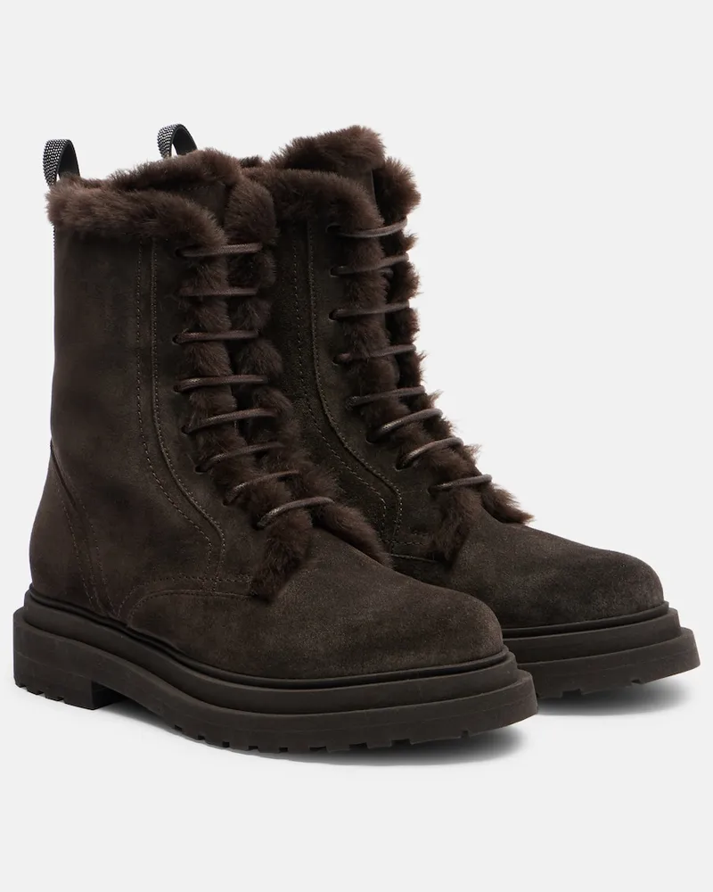 Brunello Cucinelli Schnürstiefel Monili aus Veloursleder mit Shearling Braun