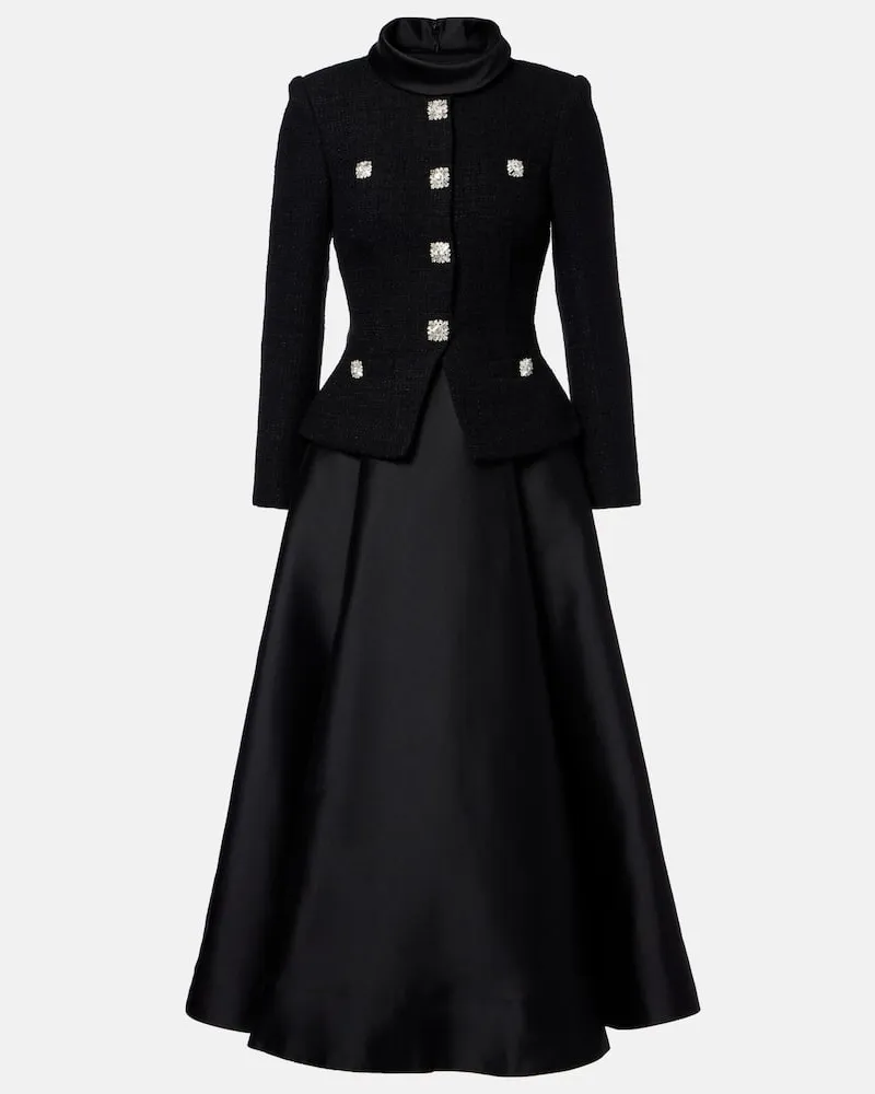 Self-Portrait Midikleid aus Bouclé und Taft Schwarz