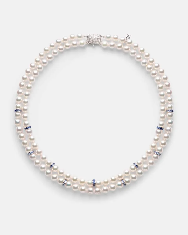 Mikimoto Halskette aus Akoyaperlen mit 18kt Weißgold und Saphiren Weiß