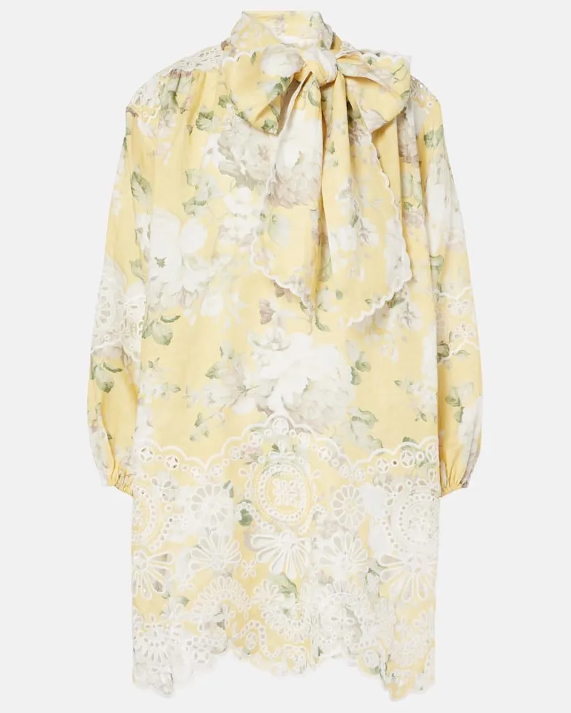 Zimmermann Besticktes Minikleid Acacia aus Leinen Gelb