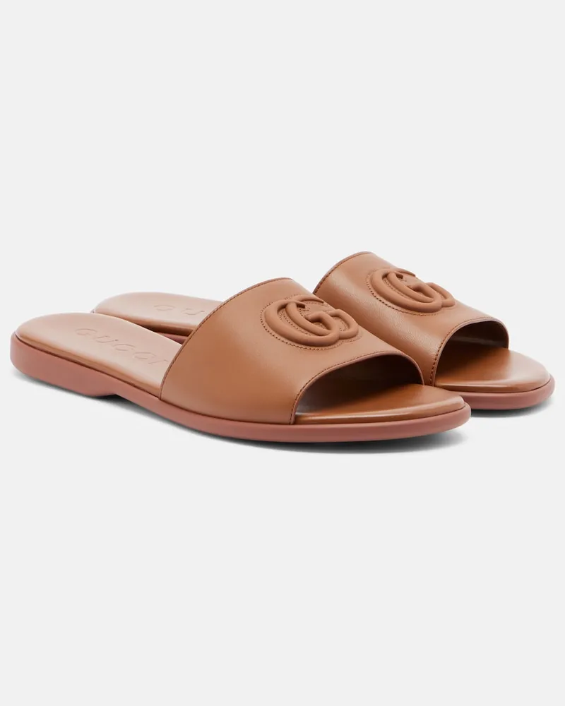Gucci Pantoletten Double G aus Leder Braun
